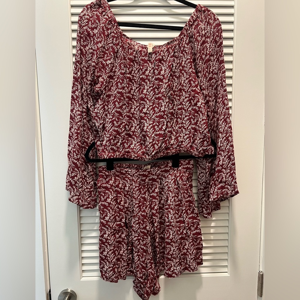 RAGA Burgundy and White Floral Long Sleeve Shirt and Shorts